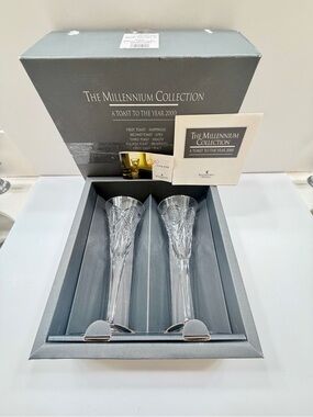 NWT Waterford Crystal Millennium Collection Happiness Champagne Flutes Set Of 2
